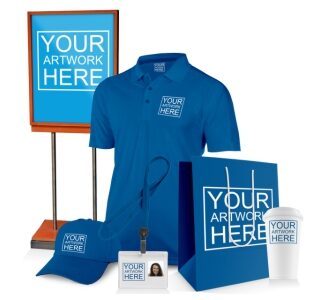 Artículos promocionales personalizados como termos, bolígrafos, bolsas ecológicas y paraguas.